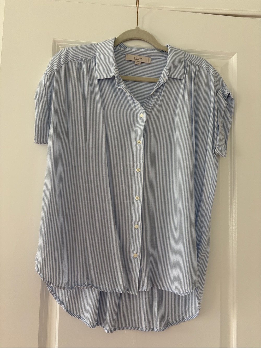 LOFT Light Blue and White Pinstripe Short Sleeve Button-Down